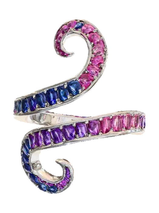 3D model for Aurora Sapphire Spiral – Gradient of sapphires (blue to pink) spiraling up a platinum band., #PBR#