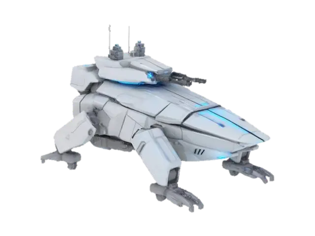 A futuristic white and grey hover tank with an angular shape and glowing blue lights 3D model, vytvořený pomocí AI