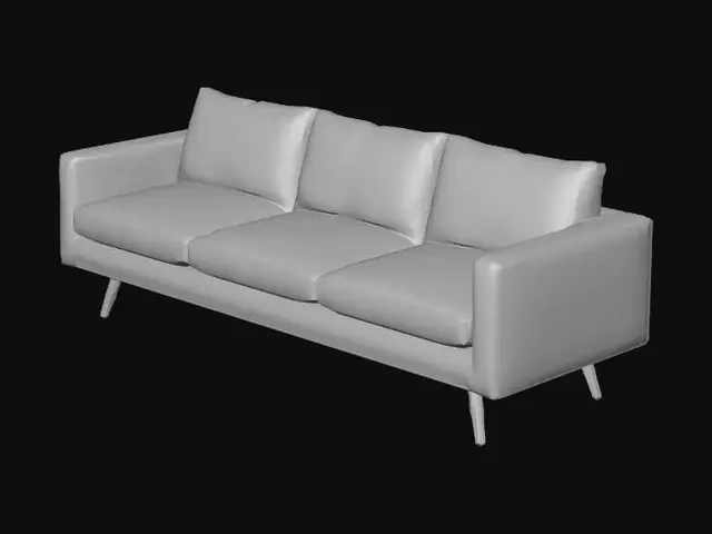3D model for Modern three-seat sofa, warm gray fabric, soft cushions, simple wooden legs, clean comfortable living room furniture. VR/mobile game-ready 3D asset, low-mid poly, simple PBR materials, centered isolated model, bottom-center pivot, neutral lighting, clean topology. Negative: no people, no full room, no floor plane, no text, no logos, no messy background, no broken geometry.