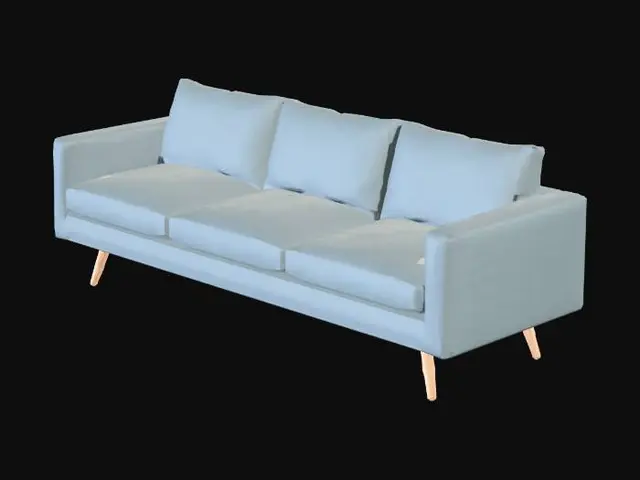 3D model for Modern three-seat sofa, warm gray fabric, soft cushions, simple wooden legs, clean comfortable living room furniture. VR/mobile game-ready 3D asset, low-mid poly, simple PBR materials, centered isolated model, bottom-center pivot, neutral lighting, clean topology. Negative: no people, no full room, no floor plane, no text, no logos, no messy background, no broken geometry.