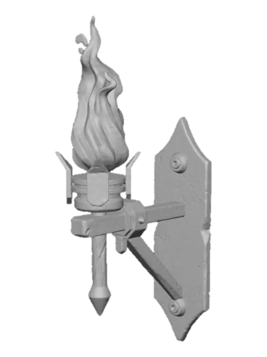 3D model for medieval wall torch on iron bracket, realistic stylized game vibe, warm metal tones, scorched marks on wall mount, detailed flame placeholder, modular decoration, PBR render