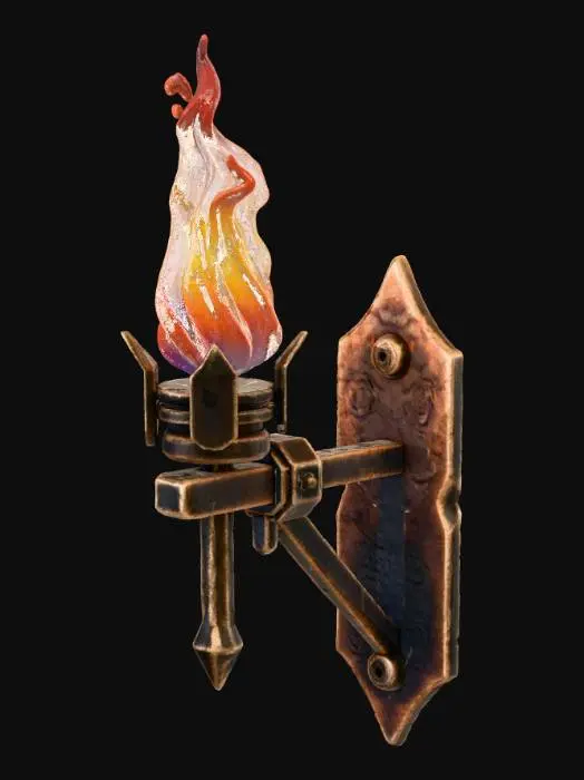 3D model for medieval wall torch on iron bracket, realistic stylized game vibe, warm metal tones, scorched marks on wall mount, detailed flame placeholder, modular decoration, PBR render