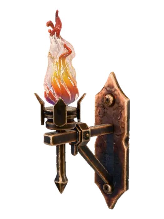 3D model for medieval wall torch on iron bracket, realistic stylized game vibe, warm metal tones, scorched marks on wall mount, detailed flame placeholder, modular decoration, PBR render