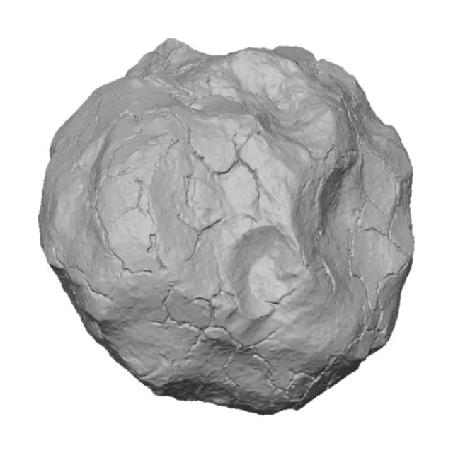 3D model for “rocky meteor projectile, irregular stone shape, cracked surface, solid textures, stylized realistic detailing, single 3D object, PBR, isolated”