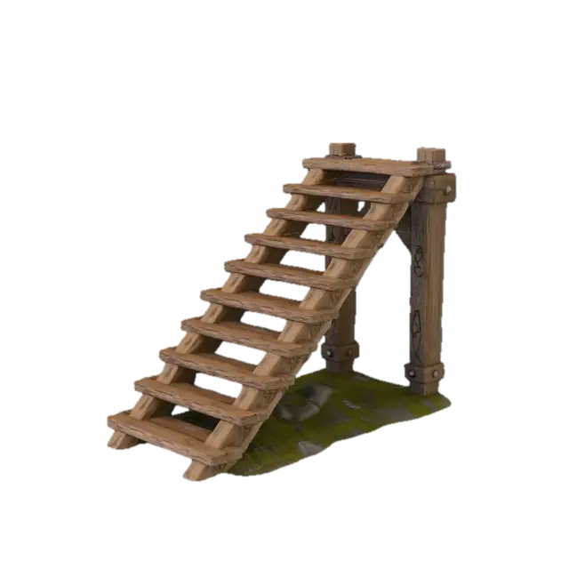 small medieval wooden staircase module, thick planks and beams, subtle stylization,… - Wood 3D-model, gegenereerd door AI