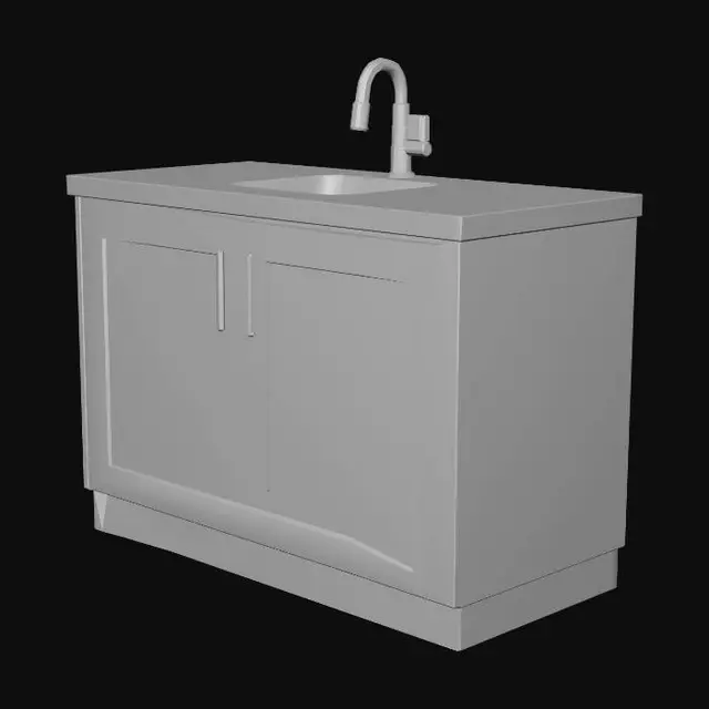 3D model for Kitchen sink cabinet module, light wood countertop, stainless sink basin, small chrome faucet, matte white cabinet doors. VR/mobile game-ready 3D asset, low-mid poly, simple PBR materials, centered isolated model, bottom-center pivot, neutral lighting, clean topology. Negative: no people, no full room, no floor plane, no text, no logos, no messy background, no broken geometry.