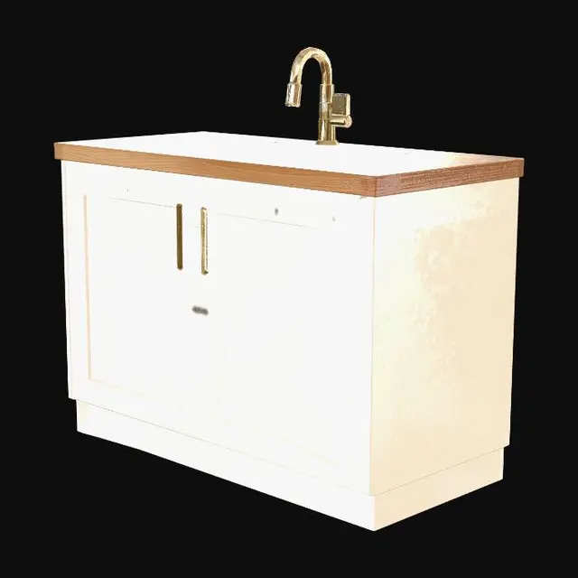 3D model for Kitchen sink cabinet module, light wood countertop, stainless sink basin, small chrome faucet, matte white cabinet doors. VR/mobile game-ready 3D asset, low-mid poly, simple PBR materials, centered isolated model, bottom-center pivot, neutral lighting, clean topology. Negative: no people, no full room, no floor plane, no text, no logos, no messy background, no broken geometry.