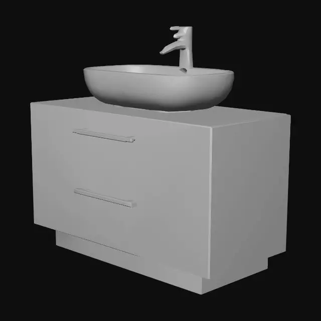 3D model for Bathroom sink vanity, white ceramic sink bowl, light wood cabinet base, simple chrome faucet, two drawer fronts. VR/mobile game-ready 3D asset, low-mid poly, simple PBR materials, centered isolated model, bottom-center pivot, neutral lighting, clean topology. Negative: no people, no full room, no floor plane, no text, no logos, no messy background, no broken geometry.