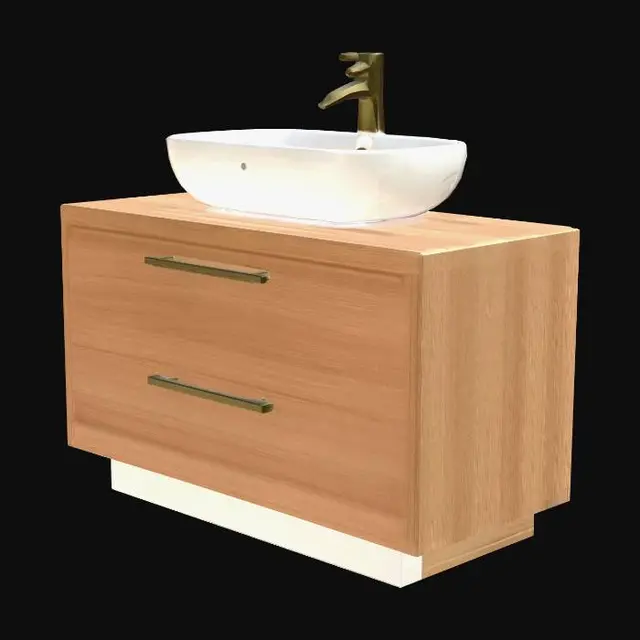 3D model for Bathroom sink vanity, white ceramic sink bowl, light wood cabinet base, simple chrome faucet, two drawer fronts. VR/mobile game-ready 3D asset, low-mid poly, simple PBR materials, centered isolated model, bottom-center pivot, neutral lighting, clean topology. Negative: no people, no full room, no floor plane, no text, no logos, no messy background, no broken geometry.