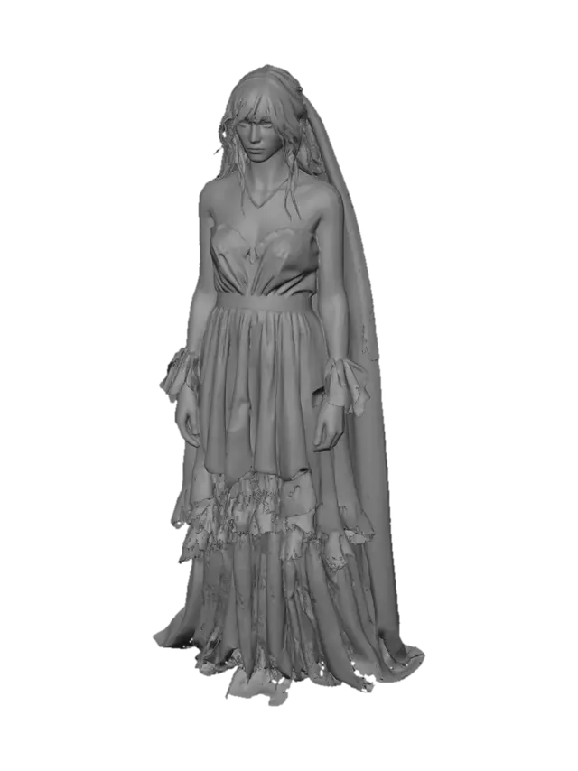 3D model for Fantasma feminino aquático inspirado em terror psicológico japonês e lendas urbanas. Mulher com vestido de noiva antigo totalmente molhado, cabelo cobrindo parcialmente o rosto, pele extremamente pálida, mãos deformadas pela água, surgindo lentamente de um lago escuro durante a madrugada. Ambiente com neblina pesada, árvores mortas ao redor do lago, reflexos assustadores na água, horror atmosférico, cinematic horror, ghostly appearance, wet fabric details, unsettling silence, supernatural realism, creepy folklore entity, highly detailed.
