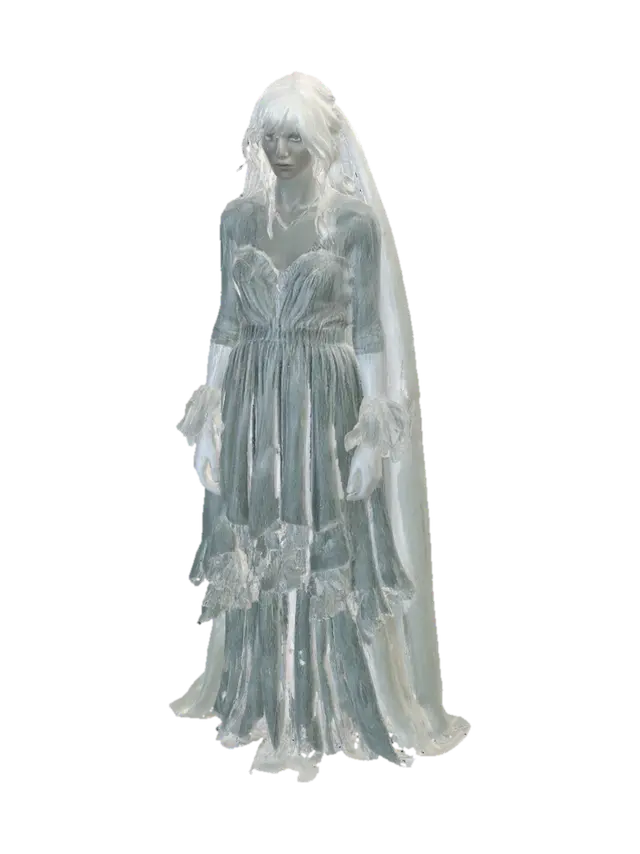 3D model for Fantasma feminino aquático inspirado em terror psicológico japonês e lendas urbanas. Mulher com vestido de noiva antigo totalmente molhado, cabelo cobrindo parcialmente o rosto, pele extremamente pálida, mãos deformadas pela água, surgindo lentamente de um lago escuro durante a madrugada. Ambiente com neblina pesada, árvores mortas ao redor do lago, reflexos assustadores na água, horror atmosférico, cinematic horror, ghostly appearance, wet fabric details, unsettling silence, supernatural realism, creepy folklore entity, highly detailed.