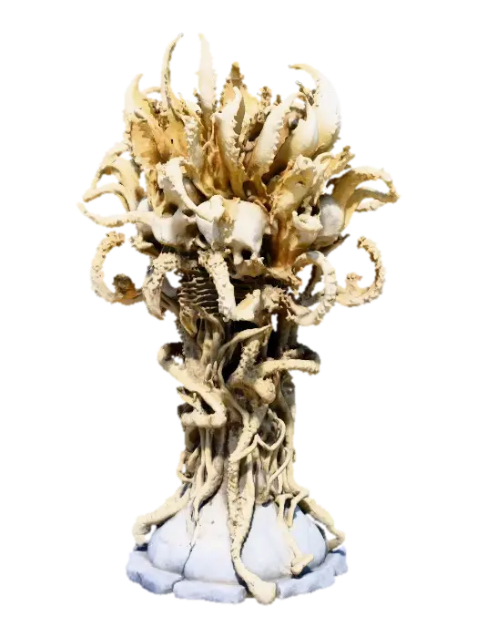 strange flower-like structure made of twisted bones and vertebrae, emerging from… 3D model, vytvořený pomocí AI