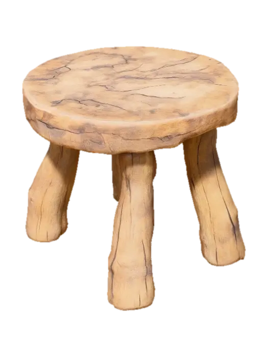 3D model for simple wooden stool with uneven legs and a rough hand-carved look, rustic 17th-century style, worn edges, ultra realistic and highly detailed
