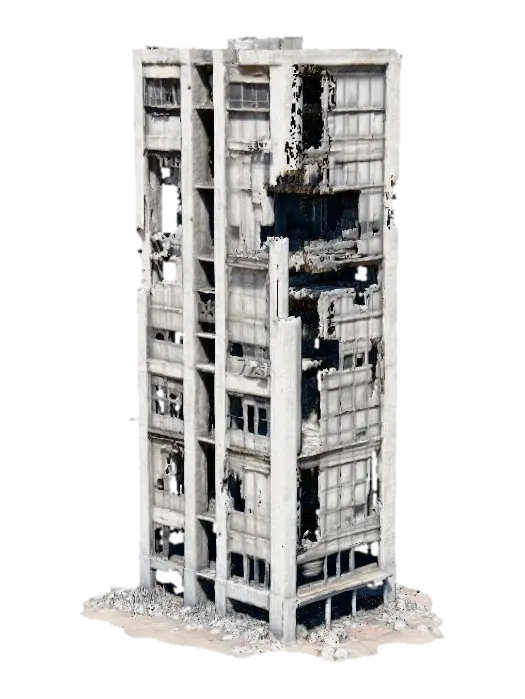 ruined skyscraper in an apocalyptic world, partially collapsed with broken… 3D model, vytvořený pomocí AI