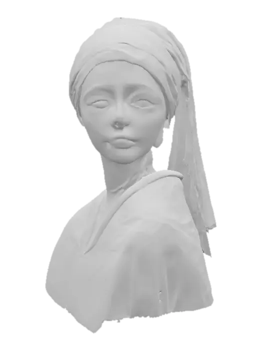 3D model for head of a girl with a pearl earring, soft youthful face, calm expression, wearing a blue and gold turban and a pearl earring, inspired by Vermeer’s style, highly detailed and ultra realistic
