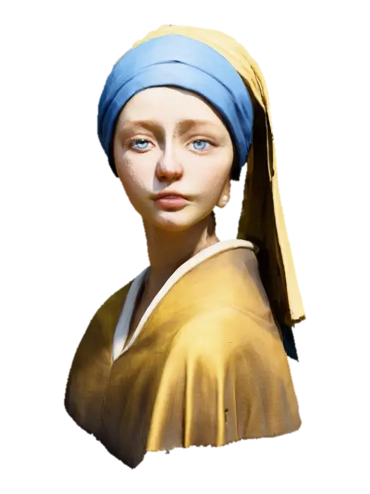3D model for head of a girl with a pearl earring, soft youthful face, calm expression, wearing a blue and gold turban and a pearl earring, inspired by Vermeer’s style, highly detailed and ultra realistic