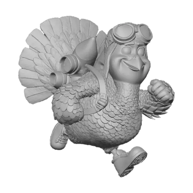 3D model for #Thanksgiving#, A stylized Pixar-quality 3D character: a chubby, adorable turkey wearing bright red sneakers and round flying goggles. He has a small metallic jet-pack strapped to his back with glowing orange thrusters. Feathers are vibrant in warm fall colors (orange, red, gold), slightly exaggerated and fluffy. The character looks energetic and mischievous, mid-run as if escaping a Thanksgiving feast. Lighting is soft and cinematic, with detailed textures, shiny metal on the jetpack, smooth skin, and subtle feather fuzz. Render in ultra-high quality, wide clean background, perfect for character turntable or hero shot.”