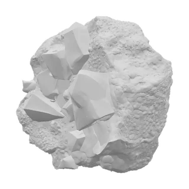 3D model for A raw, unrefined crystal ore rock, combining a rugged, dark grey or earthy brown matrix with visible veins and clusters of translucent crystals. The rock portion features a rough, porous texture, while the embedded crystals showcase smooth, sharp facets and angular, geometric forms. These crystalline growths could range from clear quartz to deep amethyst or vibrant aquamarine, reflecting light with an internal glow and feeling cool and slick to the touch amidst the abrasive stone.
