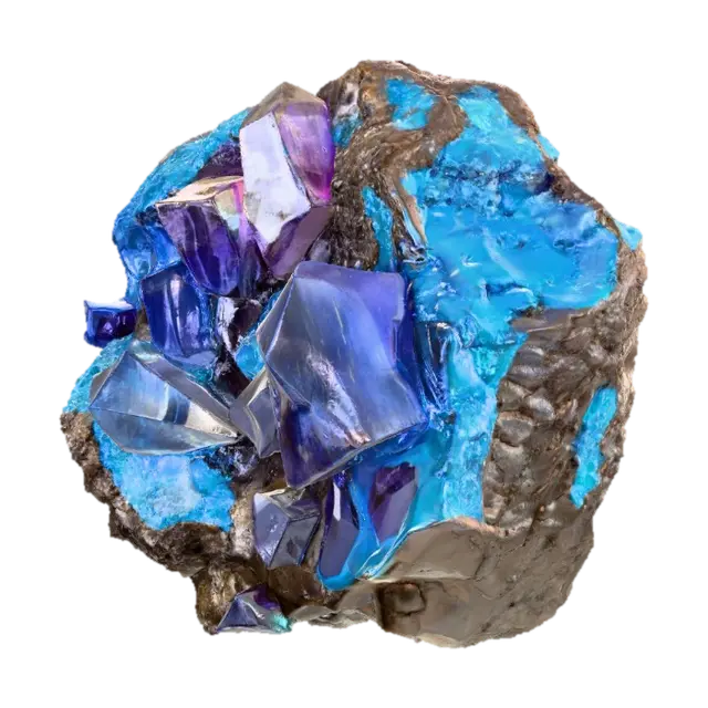 3D model for A raw, unrefined crystal ore rock, combining a rugged, dark grey or earthy brown matrix with visible veins and clusters of translucent crystals. The rock portion features a rough, porous texture, while the embedded crystals showcase smooth, sharp facets and angular, geometric forms. These crystalline growths could range from clear quartz to deep amethyst or vibrant aquamarine, reflecting light with an internal glow and feeling cool and slick to the touch amidst the abrasive stone.