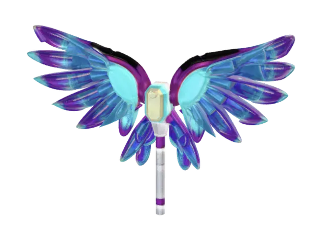 3D model for Hyper-detailed futuristic cheering stick, glowing neon cyber-punk aesthetic, vibrant LED patterns shifting down the surface, translucent holographic wings attached to the sides, glossy metallic finish, energetic carnival atmosphere reflection, 8k resolution, stylized 3D asset, game-ready topology, clean textures, Unreal Engine 5 render style. #PitchCarnival