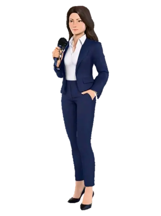 human 3d character, female news reporter. Standing pose with microphone. 3D model, vytvořený pomocí AI