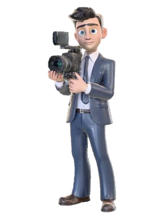 human 3d character, cameraman. Standing pose with video camera filming. 3D model, vytvořený pomocí AI