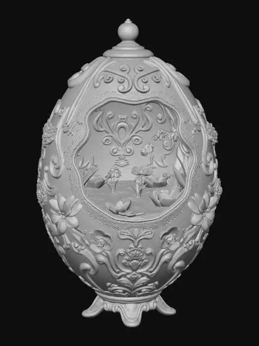 3D model for Create A magnificent, ornate Faberge-style Easter egg made of iridescent pearlescent ceramic. The egg is decorated with intricate golden filigree and embossed 3D flowers. A tiny, glowing miniature spring landscape is visible through a cracked opening in the center. Studio lighting, macro photography, high-resolution textures, solid geometry, 3D printing ready., #EasterEgg2026#