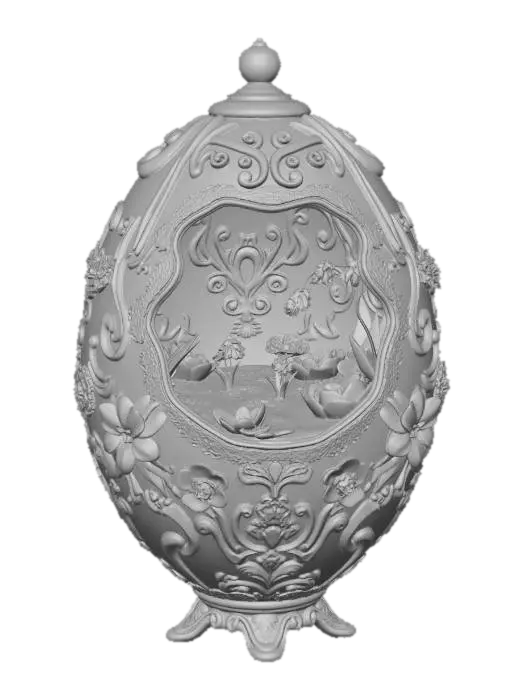 3D model for Create A magnificent, ornate Faberge-style Easter egg made of iridescent pearlescent ceramic. The egg is decorated with intricate golden filigree and embossed 3D flowers. A tiny, glowing miniature spring landscape is visible through a cracked opening in the center. Studio lighting, macro photography, high-resolution textures, solid geometry, 3D printing ready., #EasterEgg2026#