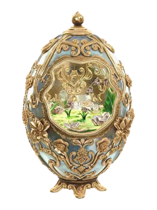 3D model for Create A magnificent, ornate Faberge-style Easter egg made of iridescent pearlescent ceramic. The egg is decorated with intricate golden filigree and embossed 3D flowers. A tiny, glowing miniature spring landscape is visible through a cracked opening in the center. Studio lighting, macro photography, high-resolution textures, solid geometry, 3D printing ready., #EasterEgg2026#