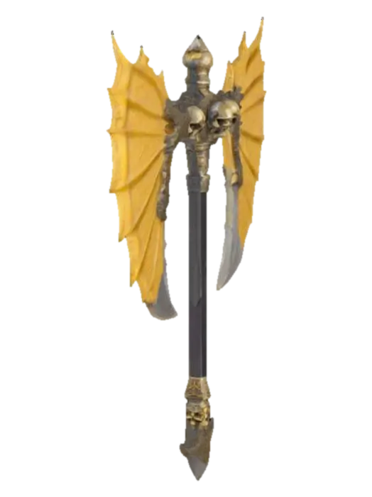 The object features a double-headed axe shape with intricate, wing-like,… - Doubleheaded 3D model, vytvořený pomocí AI