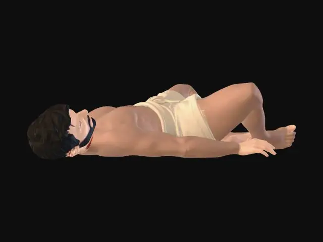 3D model for Very low poly male primitive survivor lying down on the ground, simple geometric body shapes, clean readable silhouette, minimal detail, stylized low‑poly anatomy, relaxed unconscious pose, arms slightly apart, legs extended, bare chest, simple cloth loincloth, rugged survival aesthetic, visible polygon edges, meshy structure, flat shading, 1k texture style, no background, centered full‑body model, game‑ready proportions, optimized topology for easy rigging, soft neutral lighting, crisp silhouette, suitable for image‑to‑3D conversion