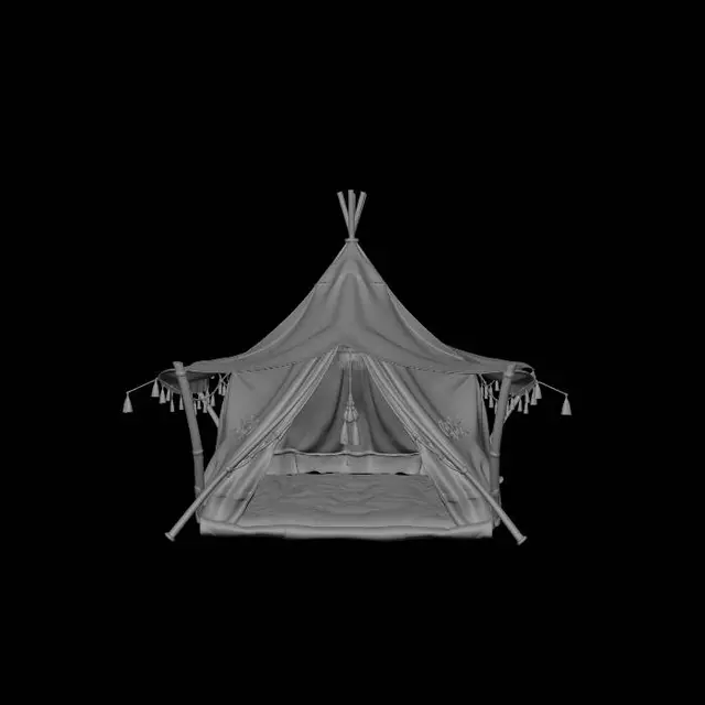 3D model for Low poly tribal jungle tent, primitive cloth shelter, survival game environment prop, stylized