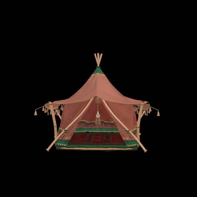 3D model for Low poly tribal jungle tent, primitive cloth shelter, survival game environment prop, stylized