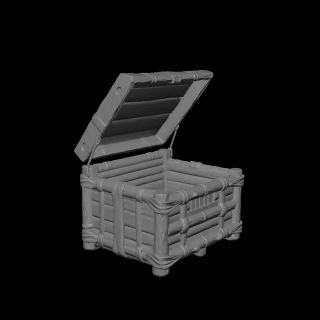 3D model for Very low poly bamboo storage crate, tropical survival game prop, stylized wooden bindings, optimized mesh