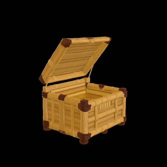 3D model for Very low poly bamboo storage crate, tropical survival game prop, stylized wooden bindings, optimized mesh