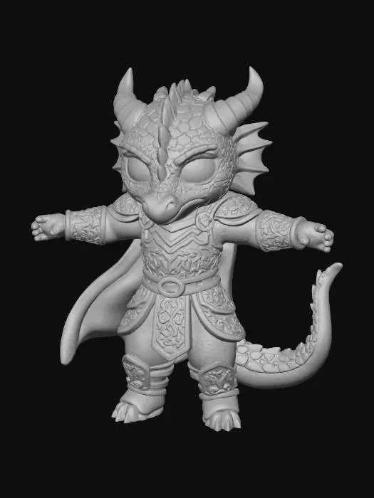 3D model for a 3D image of a chibi-style female Dungeons & Dragons dragon adventurer in an action pose holding a sword. Wearing leather armor. Thick and bold etched and embossed details. Highly stylized.