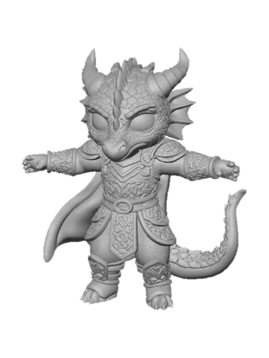 3D model for a 3D image of a chibi-style female Dungeons & Dragons dragon adventurer in an action pose holding a sword.  Wearing leather armor. Thick and bold etched and embossed details.  Highly stylized. 