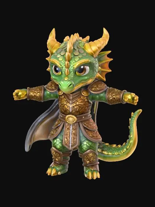 3D model for a 3D image of a chibi-style female Dungeons & Dragons dragon adventurer in an action pose holding a sword. Wearing leather armor. Thick and bold etched and embossed details. Highly stylized.
