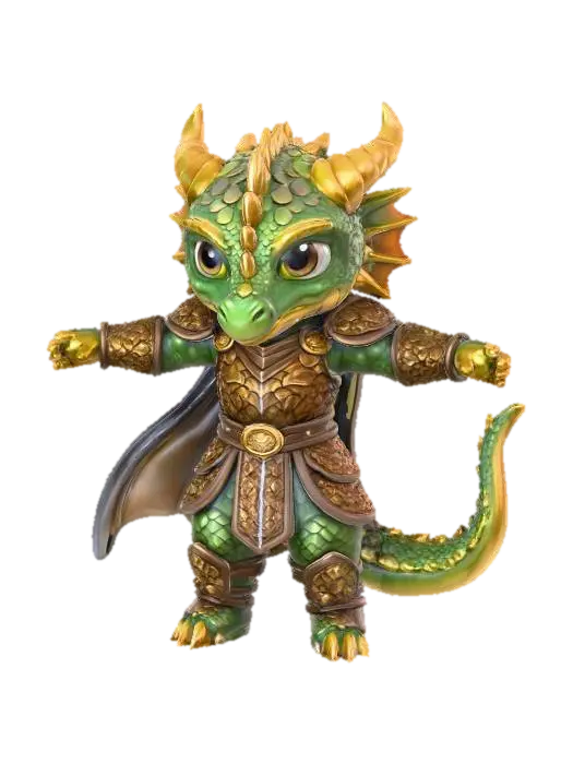3D model for a 3D image of a chibi-style female Dungeons & Dragons dragon adventurer in an action pose holding a sword.  Wearing leather armor. Thick and bold etched and embossed details.  Highly stylized. 