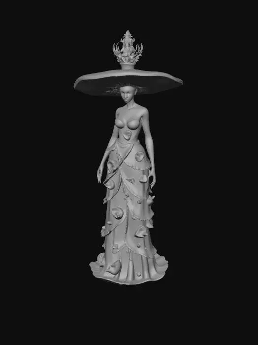 3D model for An elegant crystal mushroom queen with transparent glowing mushroom cap, magical crystal dress made from glowing fungi, floating crystal spores around body, fantasy crystal cave environment, dreamy cinematic lighting, ultra detailed magical realism, fantasy royalty aesthetic, masterpiece fantasy collectible character