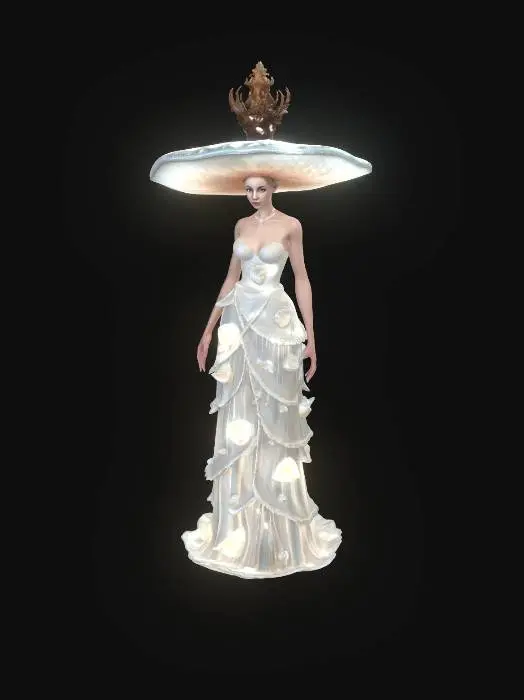 3D model for An elegant crystal mushroom queen with transparent glowing mushroom cap, magical crystal dress made from glowing fungi, floating crystal spores around body, fantasy crystal cave environment, dreamy cinematic lighting, ultra detailed magical realism, fantasy royalty aesthetic, masterpiece fantasy collectible character