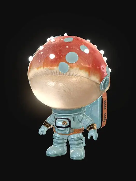 3D model for A cute astronaut mushroom exploring a glowing alien planet, futuristic tiny space suit with transparent helmet, floating spores in zero gravity, colorful nebula sky background, dreamy sci-fi fantasy atmosphere, ultra detailed stylized textures, collectible animated character, cinematic space lighting