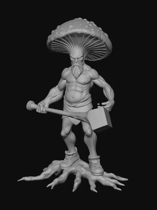 3D model for A strong mushroom blacksmith forging glowing fantasy weapons inside a volcanic mushroom cave, fiery sparks flying everywhere, giant hammer made from crystal stone, muscular fungus body design, cinematic forge lighting, ultra detailed fantasy textures, stylized collectible character, magical industrial atmosphere
