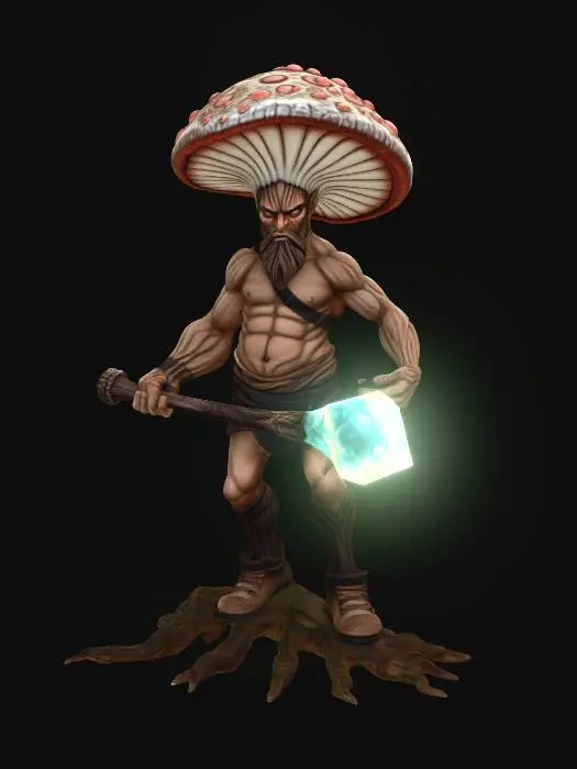 3D model for A strong mushroom blacksmith forging glowing fantasy weapons inside a volcanic mushroom cave, fiery sparks flying everywhere, giant hammer made from crystal stone, muscular fungus body design, cinematic forge lighting, ultra detailed fantasy textures, stylized collectible character, magical industrial atmosphere
