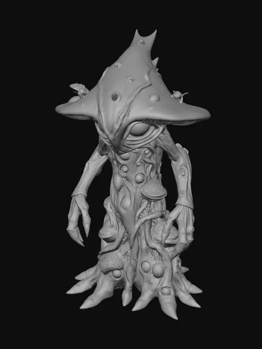 3D model for An ancient giant mushroom guardian protecting an enchanted forest, bark-covered body with glowing moss patterns, giant glowing green eyes, tiny creatures living on its shoulders, magical forest environment with floating spores, cinematic fantasy atmosphere, ultra detailed organic textures, epic nature spirit design
