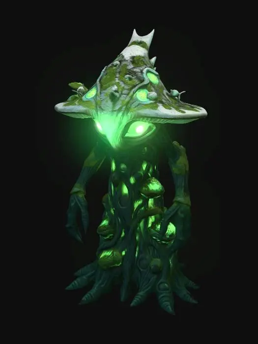 3D model for An ancient giant mushroom guardian protecting an enchanted forest, bark-covered body with glowing moss patterns, giant glowing green eyes, tiny creatures living on its shoulders, magical forest environment with floating spores, cinematic fantasy atmosphere, ultra detailed organic textures, epic nature spirit design