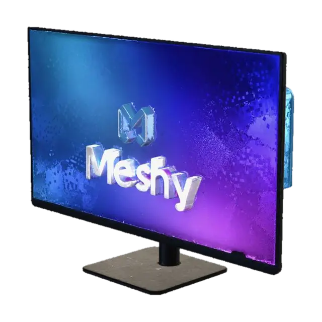 The background for a virtual computer screen. Flat and thin. That says Meshy with logo 3D model, vytvořený pomocí AI