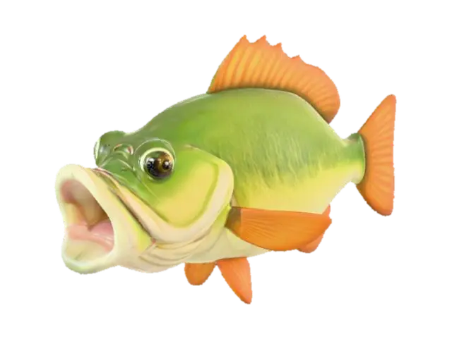 A cartoonish largemouth bass, featuring an , wide-open mouth. Its body is stout… 3D model, vytvořený pomocí AI