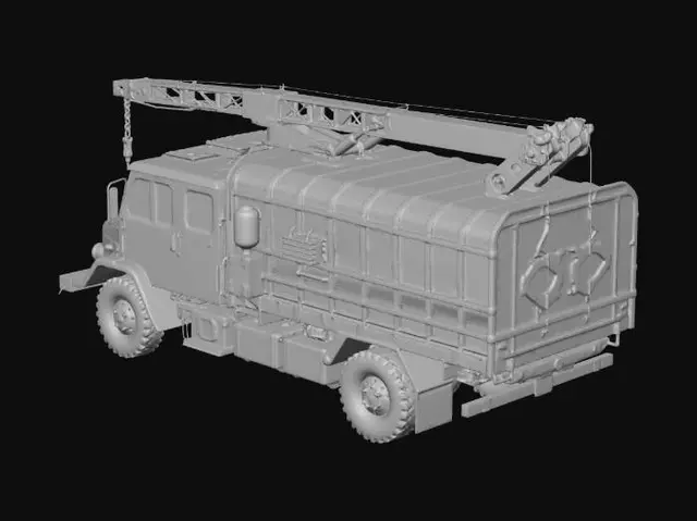 3D model for low poly field repair truck, green brown military, crane arm, welding equipment, tool racks, rugged support vehicle, soviet style, NO text, NO letters, NO writing, NO logos, clean surface, game ready