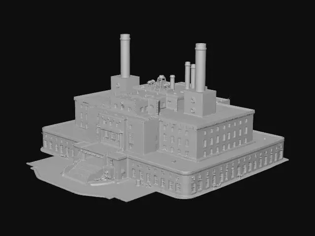 3D model for low poly brutalist military bunker command center, green brown colors, concrete reinforced, smokestacks, red star emblem, heavy industrial, soviet style fortress HQ, NO text, NO letters, NO writing, NO logos, clean surface, game ready